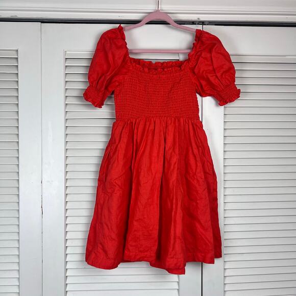 Boden Smocked Bodice Puff Sleeve Linen Mini Dress Bright Papaya US 8 - Picture 3 of 8